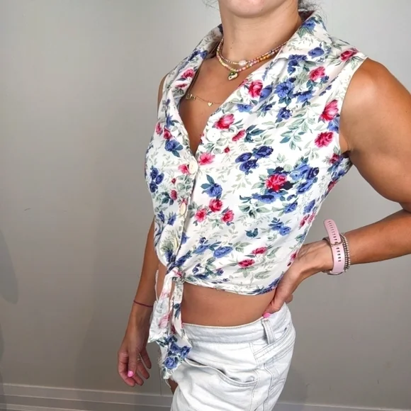 Vintage 90s Button Down Tie Front Cropped Blouse Top small - Picture 3 of 7